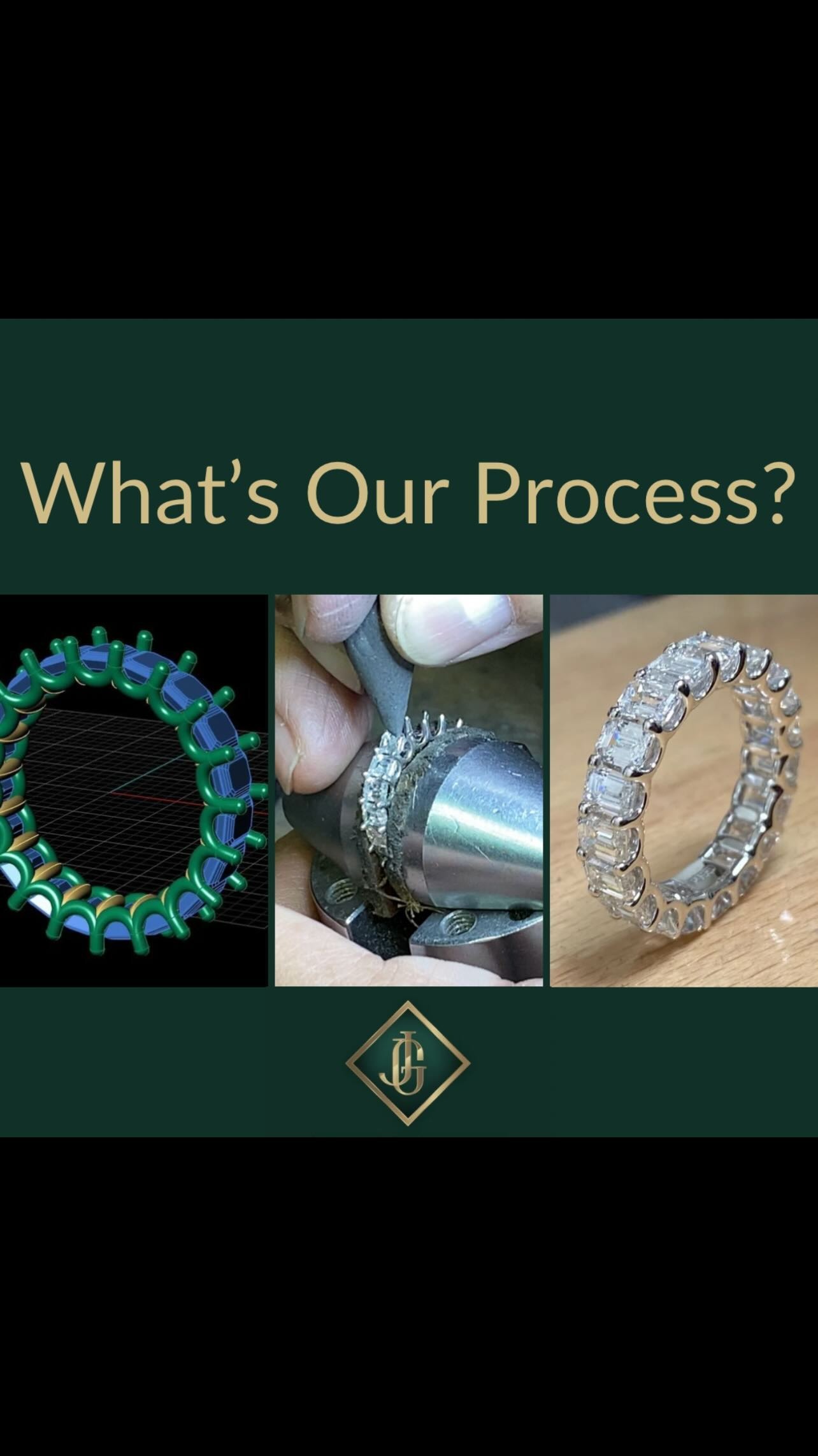 Custom jewelry design process from CAD rendering to finished diamond ring