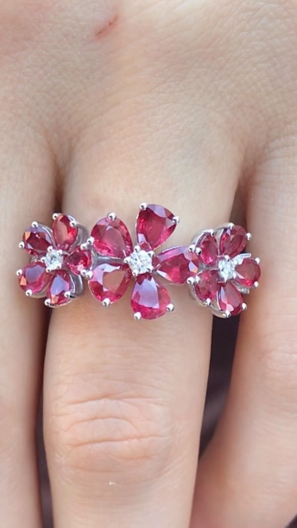 Pink flower gemstone ring - colorful custom jewelry design