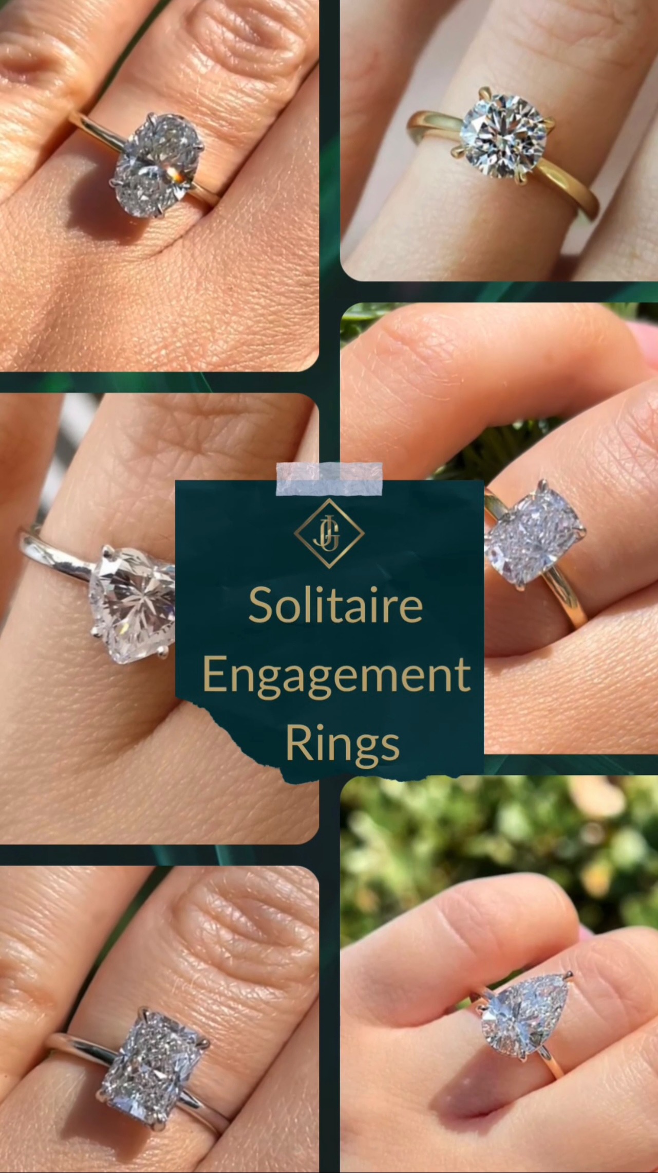 Solitaire engagement ring styles - round, oval, and cushion cut options